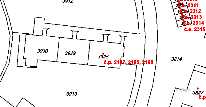 Most 2185,2186,2187 na parcele st. 3930 v KÚ Most II, Katastrální mapa