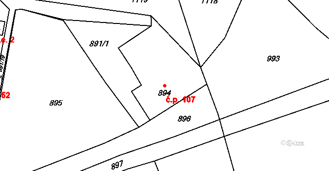 Horní Žukov 107, Český Těšín na parcele st. 894 v KÚ Horní Žukov, Katastrální mapa