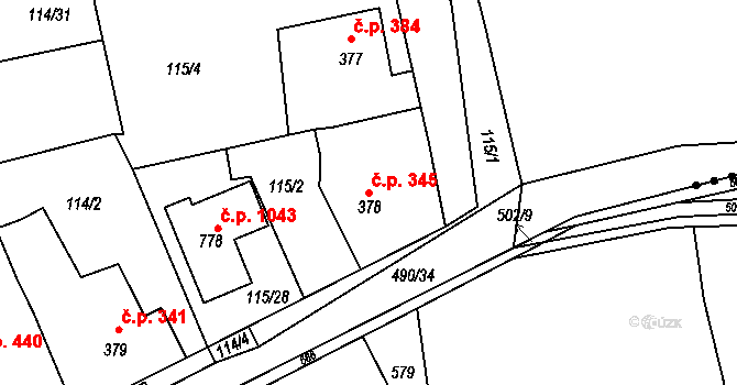 Rudná 345 na parcele st. 378 v KÚ Dušníky u Rudné, Katastrální mapa