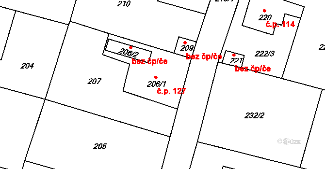 Bušovice 127 na parcele st. 206/1 v KÚ Bušovice, Katastrální mapa