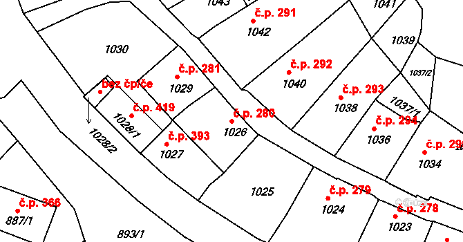 Štramberk 280 na parcele st. 1026 v KÚ Štramberk, Katastrální mapa