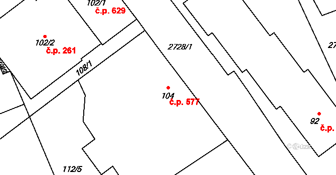 Dobruška 577 na parcele st. 104 v KÚ Dobruška, Katastrální mapa
