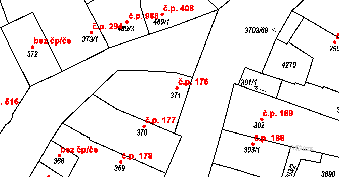 Dobřany 176 na parcele st. 371 v KÚ Dobřany, Katastrální mapa