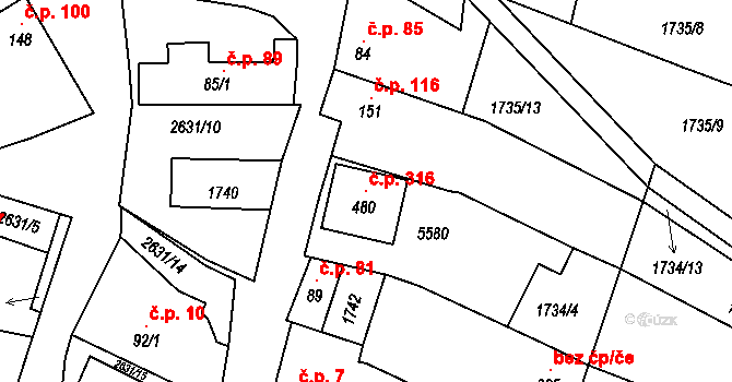 Nedachlebice 316 na parcele st. 480 v KÚ Nedachlebice, Katastrální mapa