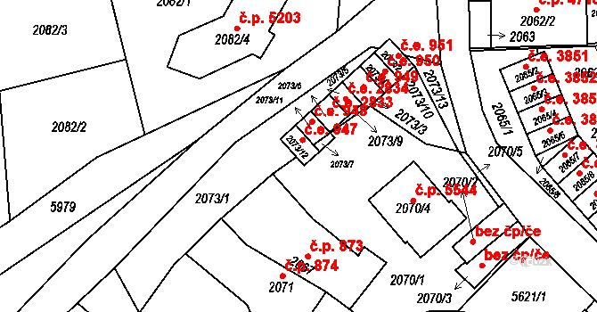 Jihlava 947 na parcele st. 2073/12 v KÚ Jihlava, Katastrální mapa