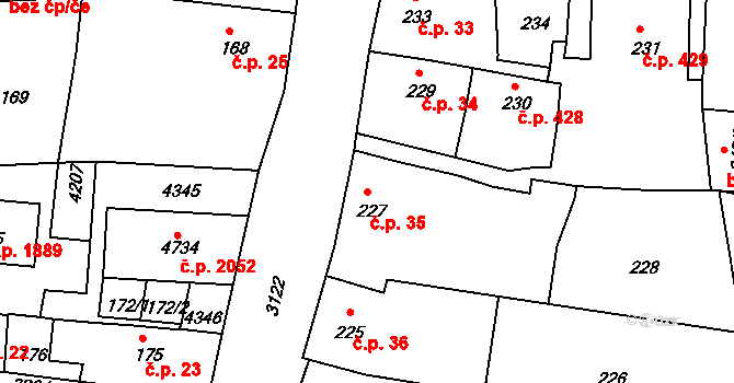 Čelákovice 35 na parcele st. 227 v KÚ Čelákovice, Katastrální mapa