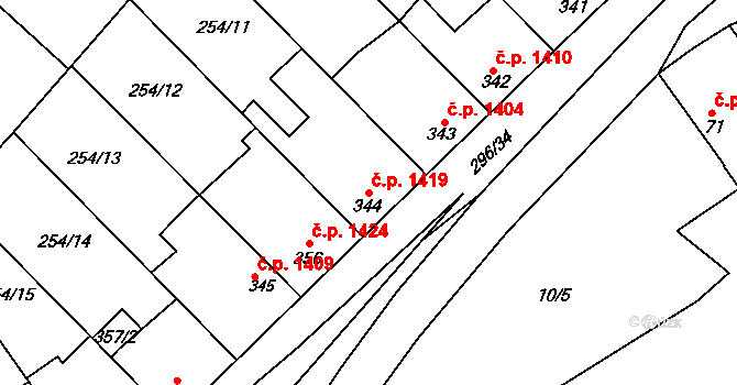Švermov 1419, Kladno na parcele st. 344 v KÚ Hnidousy, Katastrální mapa