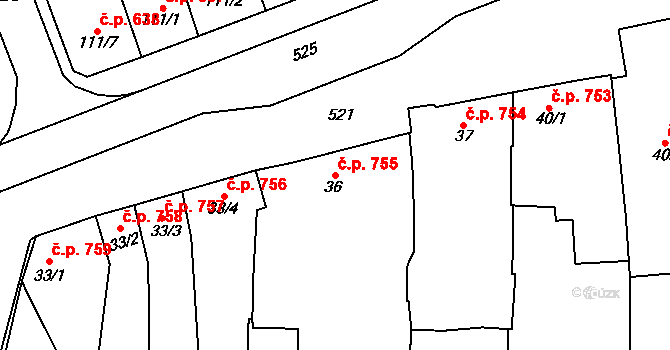 Loučany 755 na parcele st. 36 v KÚ Loučany na Hané, Katastrální mapa