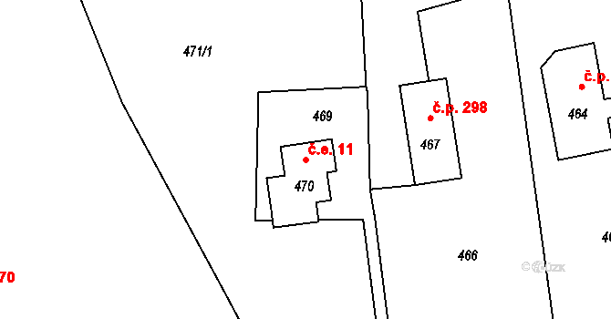 Volfartice 11 na parcele st. 470 v KÚ Volfartice, Katastrální mapa