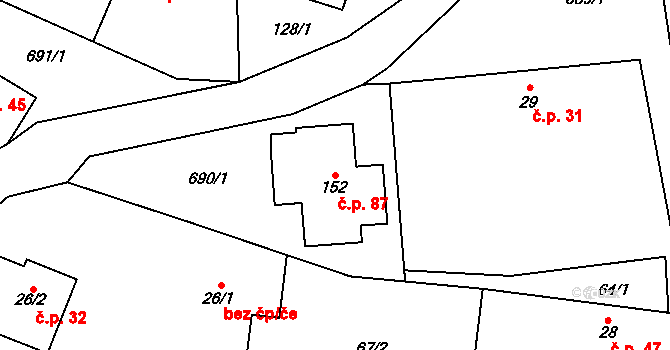 Milovice u Hořic 87 na parcele st. 152 v KÚ Milovice u Hořic, Katastrální mapa