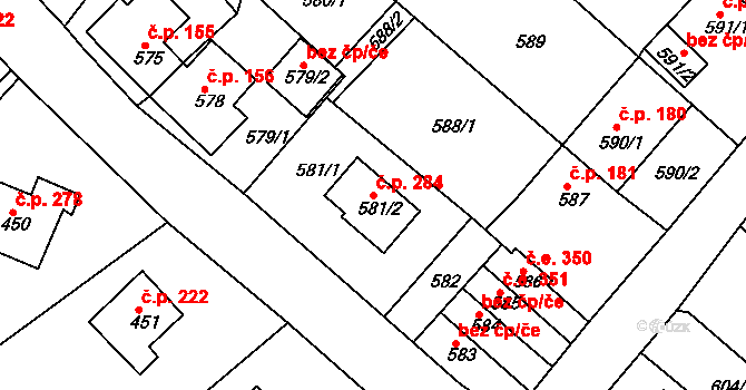 Chlumec 284 na parcele st. 581/2 v KÚ Chlumec u Chabařovic, Katastrální mapa