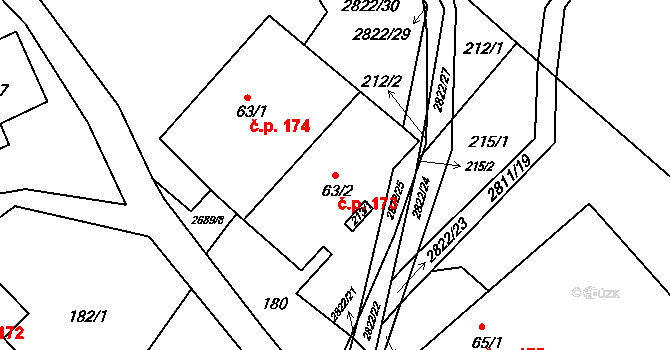 Korouhev 173 na parcele st. 63/2 v KÚ Korouhev, Katastrální mapa