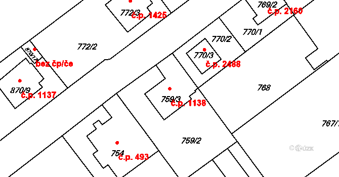 Pelhřimov 1138 na parcele st. 759/3 v KÚ Pelhřimov, Katastrální mapa