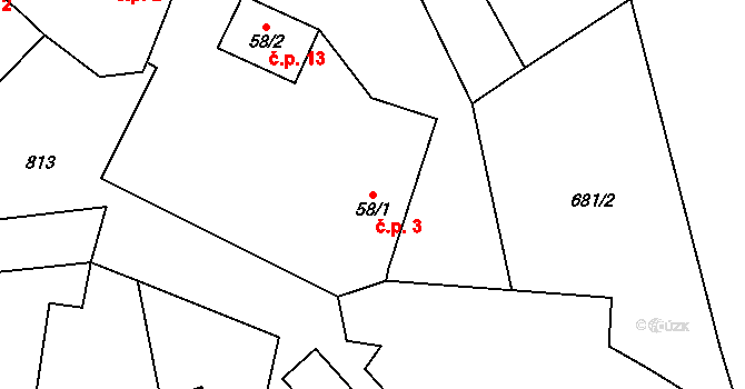 Ostrý 3, Stránka na parcele st. 58/1 v KÚ Ostrý, Katastrální mapa