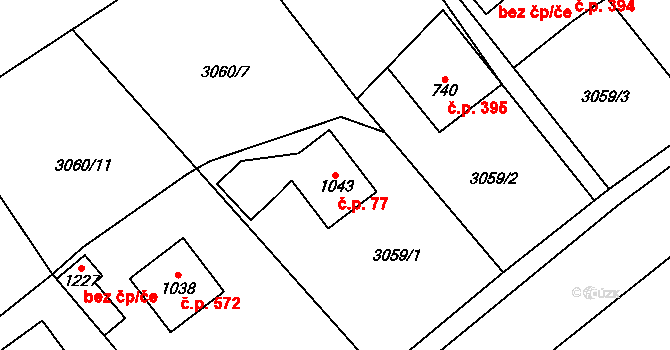 Halenkov 77 na parcele st. 1043 v KÚ Halenkov, Katastrální mapa