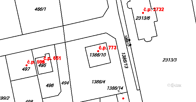 Řeporyje 773, Praha na parcele st. 1386/10 v KÚ Řeporyje, Katastrální mapa