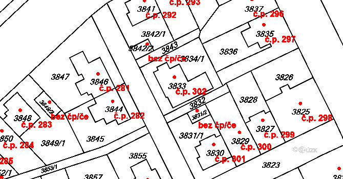 Záběhlice 302, Praha na parcele st. 3833 v KÚ Záběhlice, Katastrální mapa
