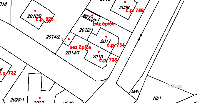 Ruzyně 733, Praha na parcele st. 2013 v KÚ Ruzyně, Katastrální mapa