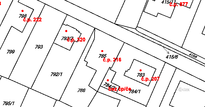 Čimice 216, Praha na parcele st. 785 v KÚ Čimice, Katastrální mapa