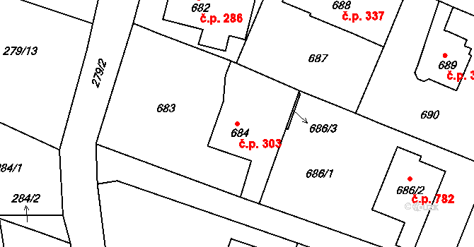 Liberec XV-Starý Harcov 303, Liberec na parcele st. 684 v KÚ Starý Harcov, Katastrální mapa