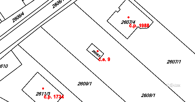 Kuřim 9 na parcele st. 2608/3 v KÚ Kuřim, Katastrální mapa