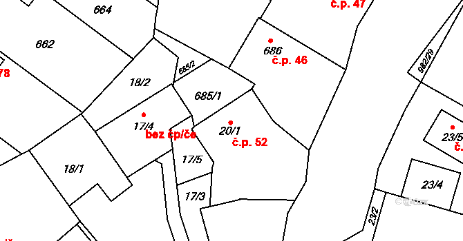Újezd 52, Plzeň na parcele st. 20/1 v KÚ Újezd, Katastrální mapa