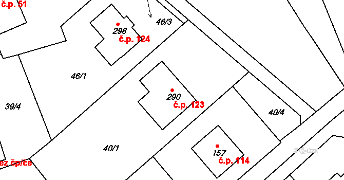 Bačetín 123 na parcele st. 290 v KÚ Bačetín, Katastrální mapa