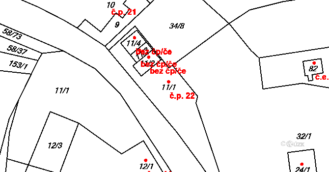 Kbelany 22 na parcele st. 11/1 v KÚ Kbelany, Katastrální mapa