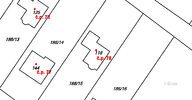 Horní Žďár 78, Jindřichův Hradec na parcele st. 118 v KÚ Horní Žďár u Jindřichova Hradce, Katastrální mapa