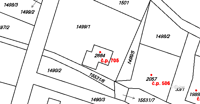 Hovězí 705 na parcele st. 2664 v KÚ Hovězí, Katastrální mapa