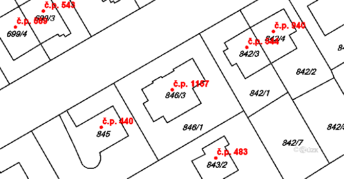 Hlubočepy 1157, Praha na parcele st. 846/3 v KÚ Hlubočepy, Katastrální mapa