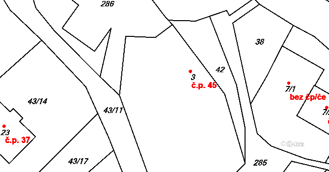 Šebkovice 45 na parcele st. 3 v KÚ Milatice, Katastrální mapa