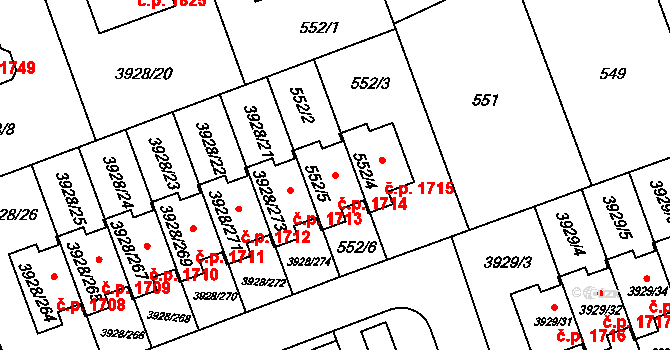 Úvaly 1714 na parcele st. 552/5 v KÚ Úvaly u Prahy, Katastrální mapa