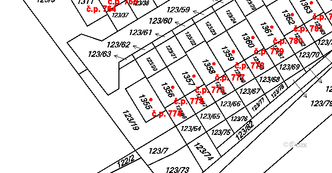 Veltrusy 775 na parcele st. 1356 v KÚ Veltrusy, Katastrální mapa
