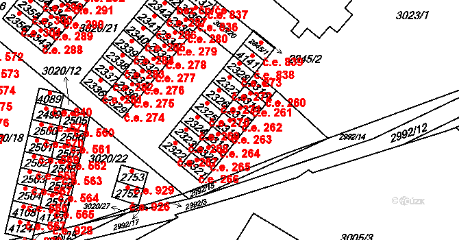 Kyjov 263 na parcele st. 2318 v KÚ Kyjov, Katastrální mapa