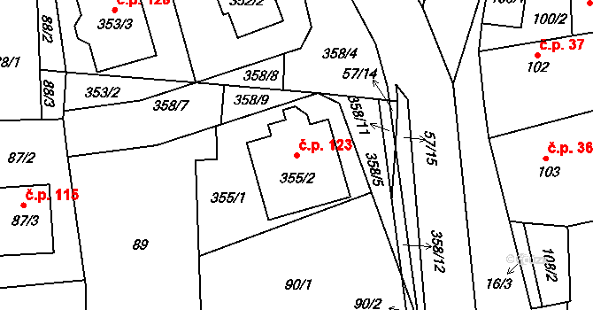 Štolmíř 123, Český Brod na parcele st. 355/2 v KÚ Štolmíř, Katastrální mapa