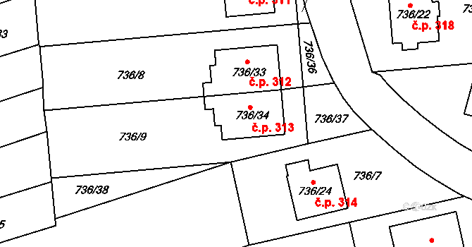 Velešovice 313 na parcele st. 736/34 v KÚ Velešovice, Katastrální mapa