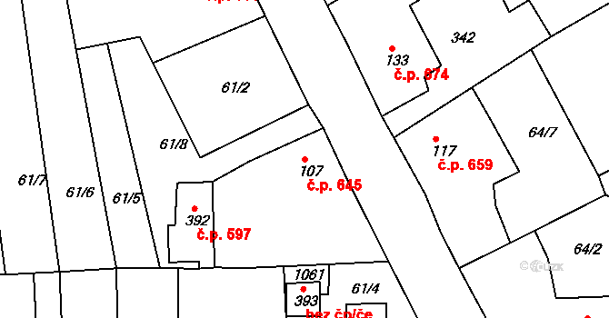 Rudná 645 na parcele st. 107 v KÚ Hořelice, Katastrální mapa
