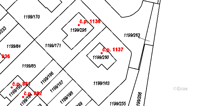 Vejprnice 1137 na parcele st. 1199/260 v KÚ Vejprnice, Katastrální mapa