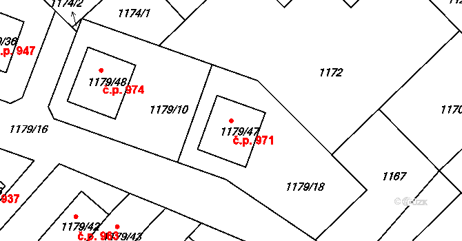 Odry 971 na parcele st. 1179/47 v KÚ Odry, Katastrální mapa