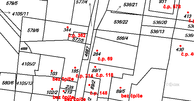 Lenešice 69 na parcele st. 284 v KÚ Lenešice, Katastrální mapa