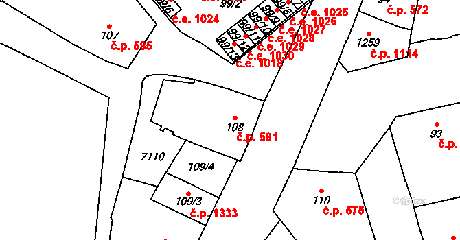 Žatec 581 na parcele st. 108 v KÚ Žatec, Katastrální mapa