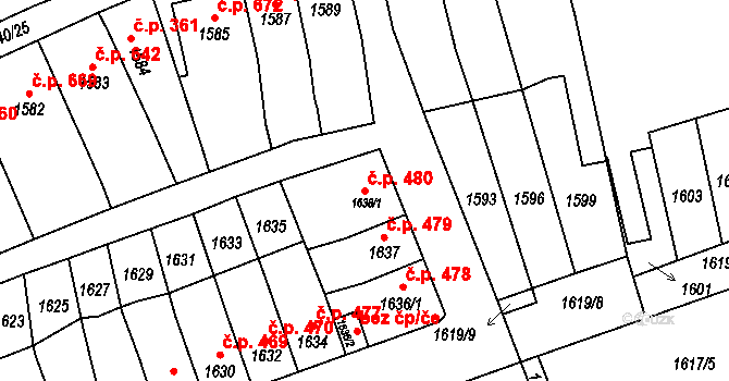 Koryčany 480 na parcele st. 1638/1 v KÚ Koryčany, Katastrální mapa