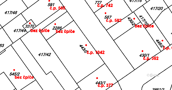 Bystřice pod Hostýnem 1042 na parcele st. 443/2 v KÚ Bystřice pod Hostýnem, Katastrální mapa