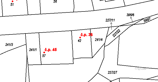 Losina 36, Chotěšov na parcele st. 42 v KÚ Losina, Katastrální mapa