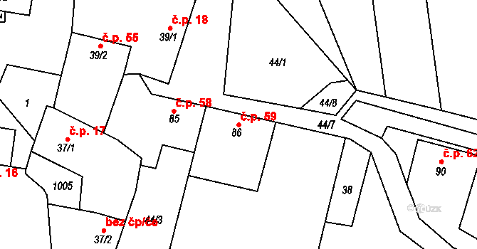 Soběsuky 59, Plumlov na parcele st. 86 v KÚ Soběsuky u Plumlova, Katastrální mapa