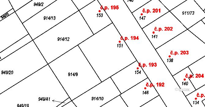 Jezeřany-Maršovice 194 na parcele st. 151 v KÚ Maršovice, Katastrální mapa