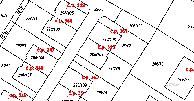 Strupčice 352 na parcele st. 296/104 v KÚ Strupčice, Katastrální mapa