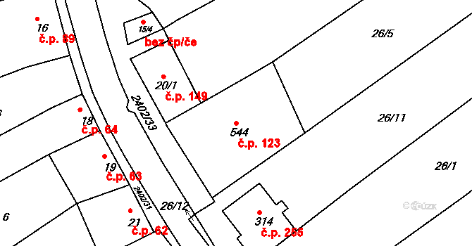 Uhřice 123 na parcele st. 544 v KÚ Uhřice u Kyjova, Katastrální mapa