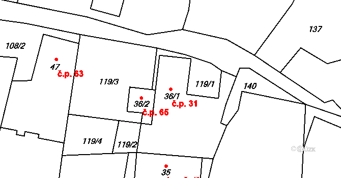 Horní Povelice 31, Liptaň na parcele st. 36/1 v KÚ Horní Povelice, Katastrální mapa